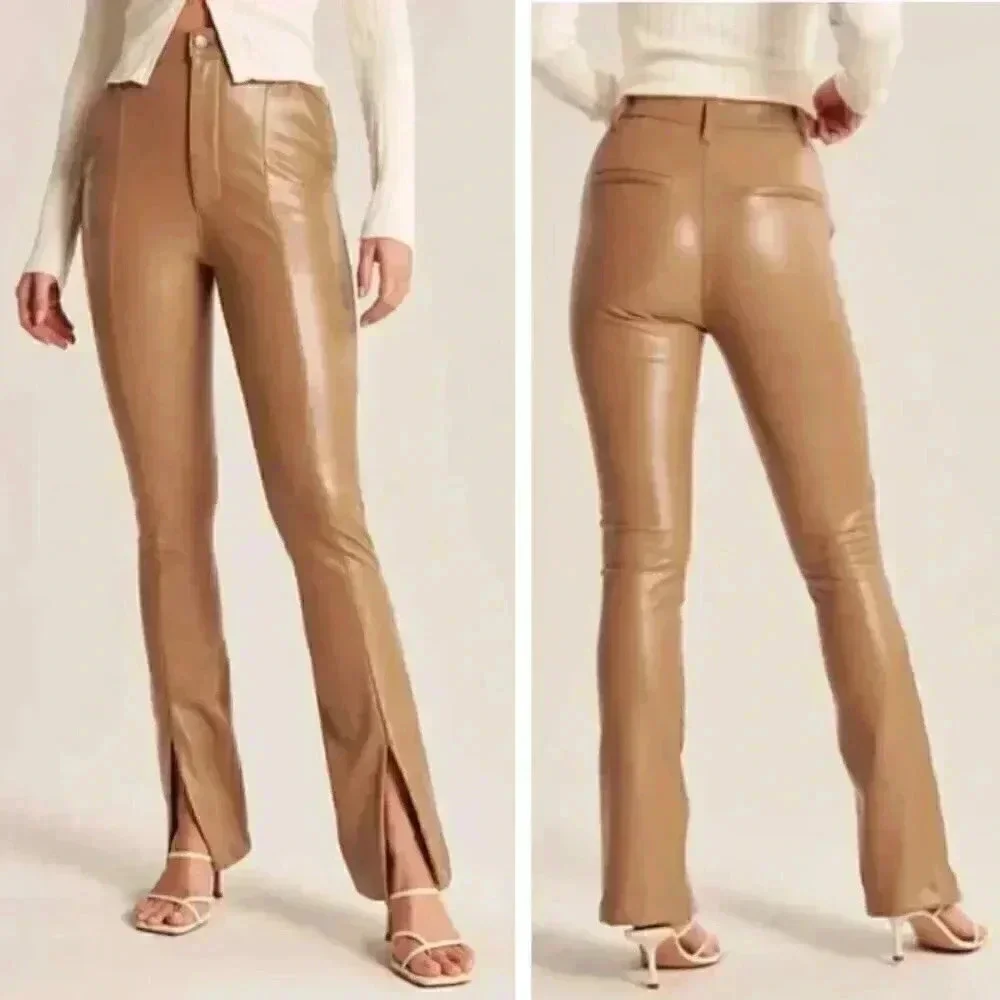 Abercrombie & Fitch The Skinny Ultra High Rise Faux Leather Split Hem Camel Tan